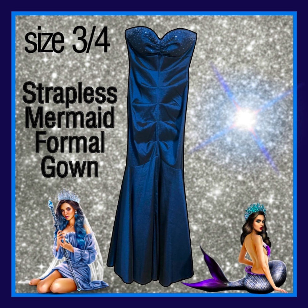 JUMP STRAPLESS BEADED SWEETHEART NECK BLUE MERMAID FORMAL/ PROM DRESS size3/4